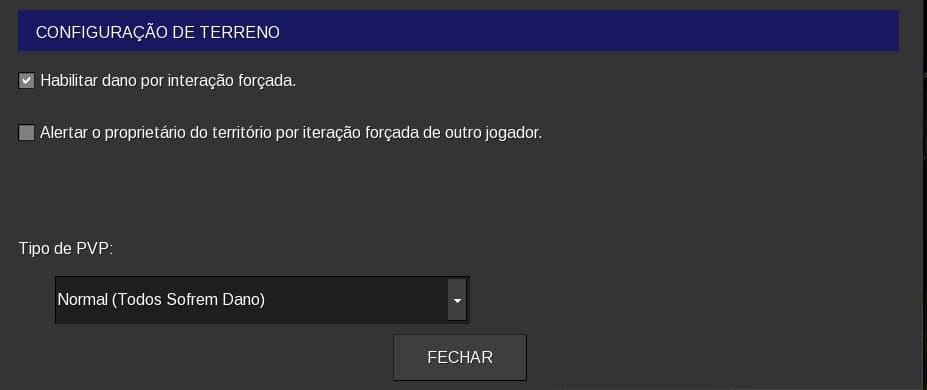 Painel para alterar configurações terreno