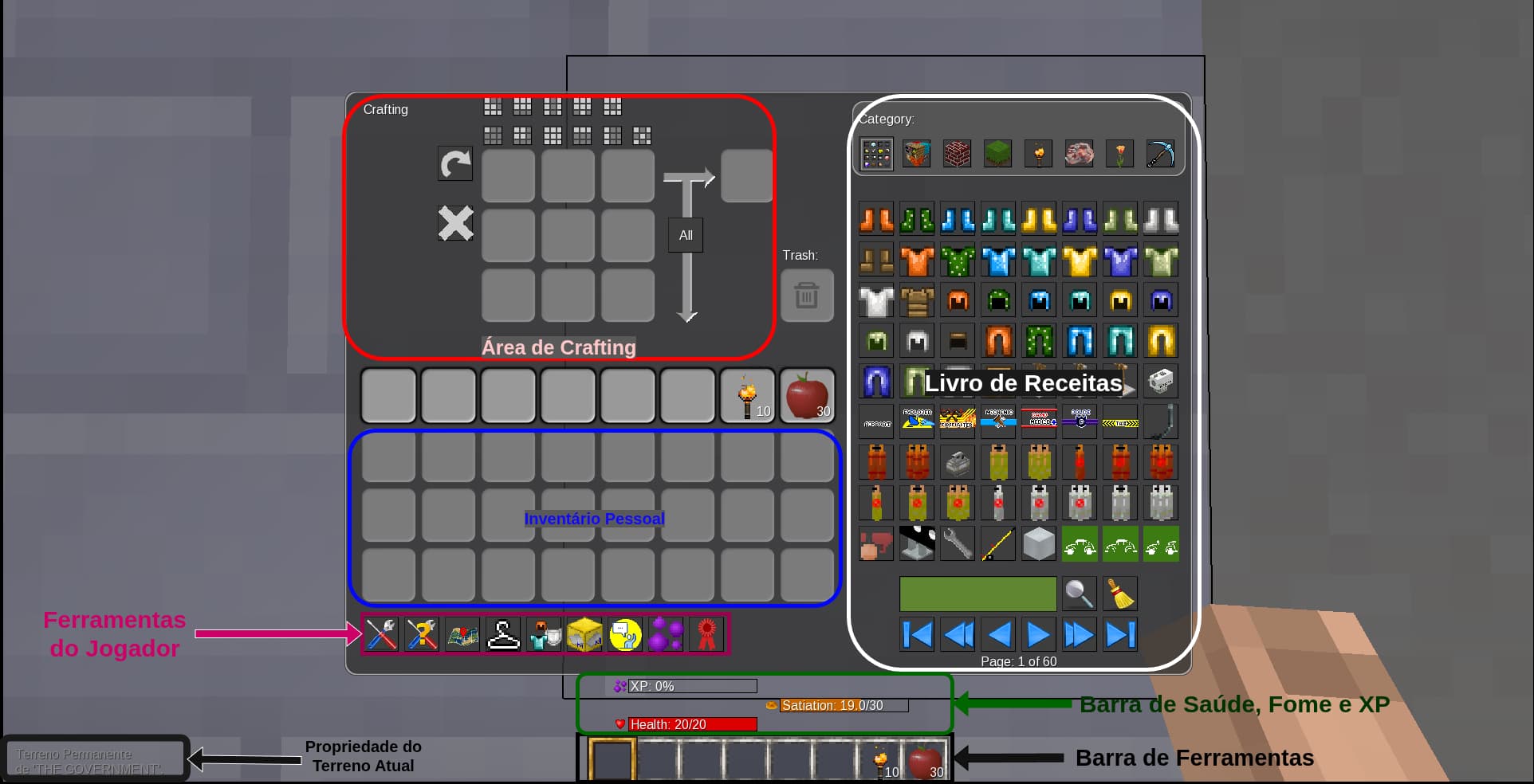 Interface de Inventário e Painel de Crafting do Jogador no Luanti